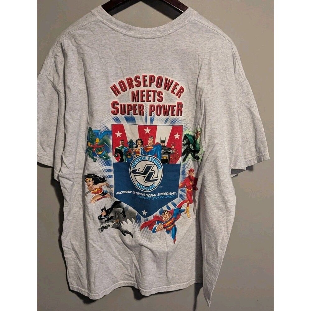 Y2K Justice League Racing T Shirt Mens 2XL Gray Nascar Superman Batman Flash